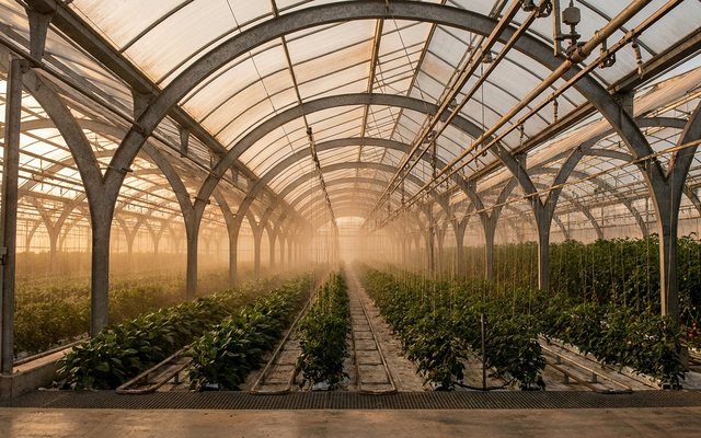 Greenhouse structure with rows of protected crops