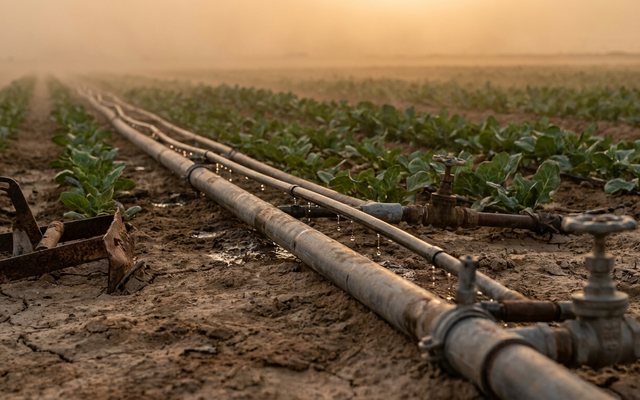 Drip irrigation system watering rows of crops